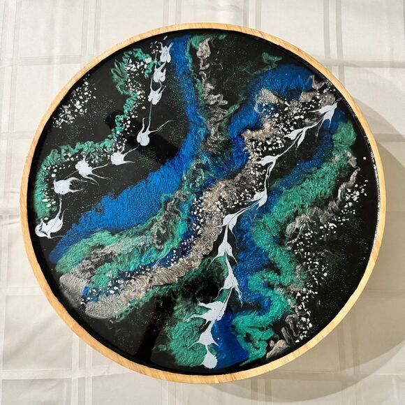 Other - Stunning 21" Handpainted Lazy Susan Abstract Ocean Art‎ Blue White Centerpiece